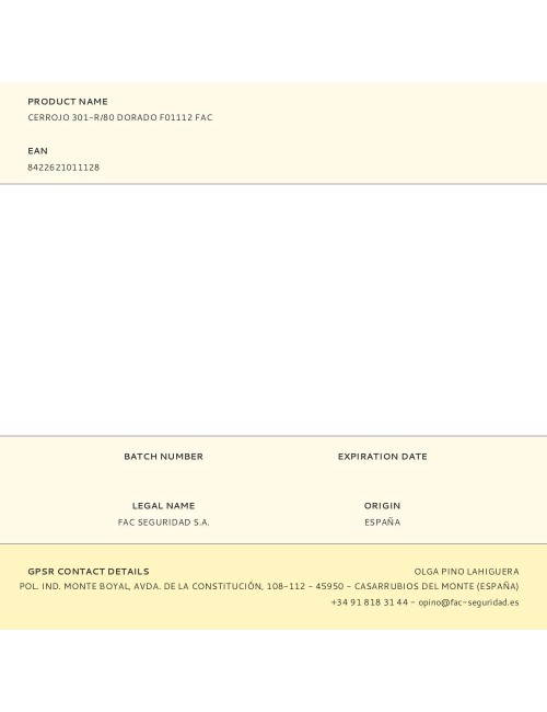 Cerrojo 301-r/80 dorado f01112 fac