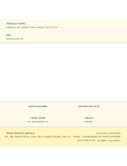 Cerrojo 301-r/80 b-70mm. niquel f01513 fac