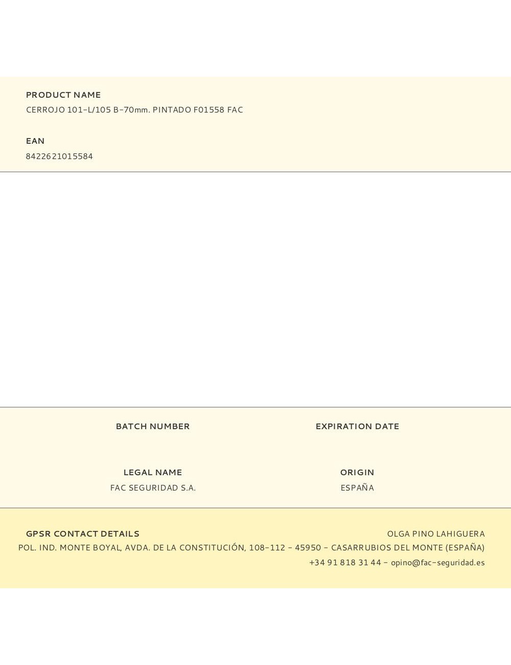 Cerrojo 101-l/105 b-70mm. pintado f01558 fac