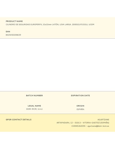 Cilindro de seguridad europerfil 33x33mm latón, leva larga. 2000s2lp3333ll ucem