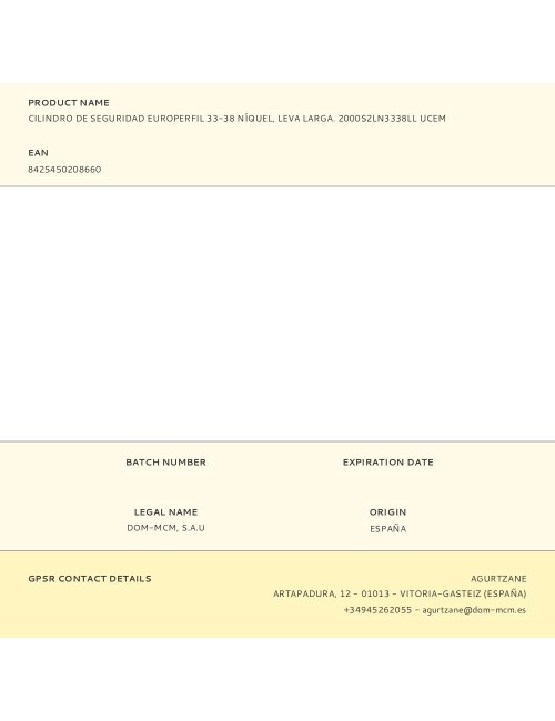 Cilindro de seguridad europerfil 33-38 níquel, leva larga. 2000s2ln3338ll ucem