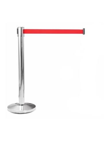 Poste separador inox con cinta roja extensible de 2 m x 5 cm
