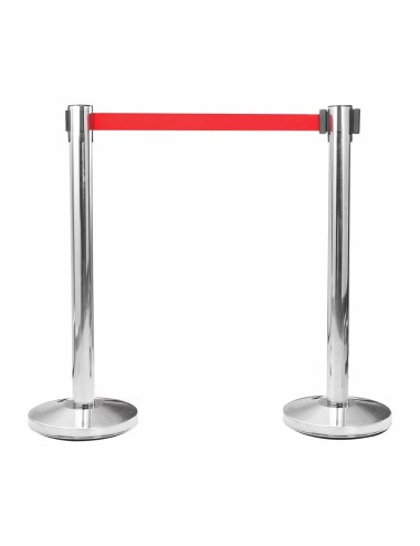 Poste separador inox con cinta roja extensible de 2 m x 5 cm