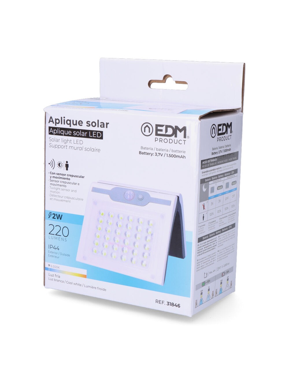 Aplique solar 2w 220lm 6.500k con sensor color blanco edm
