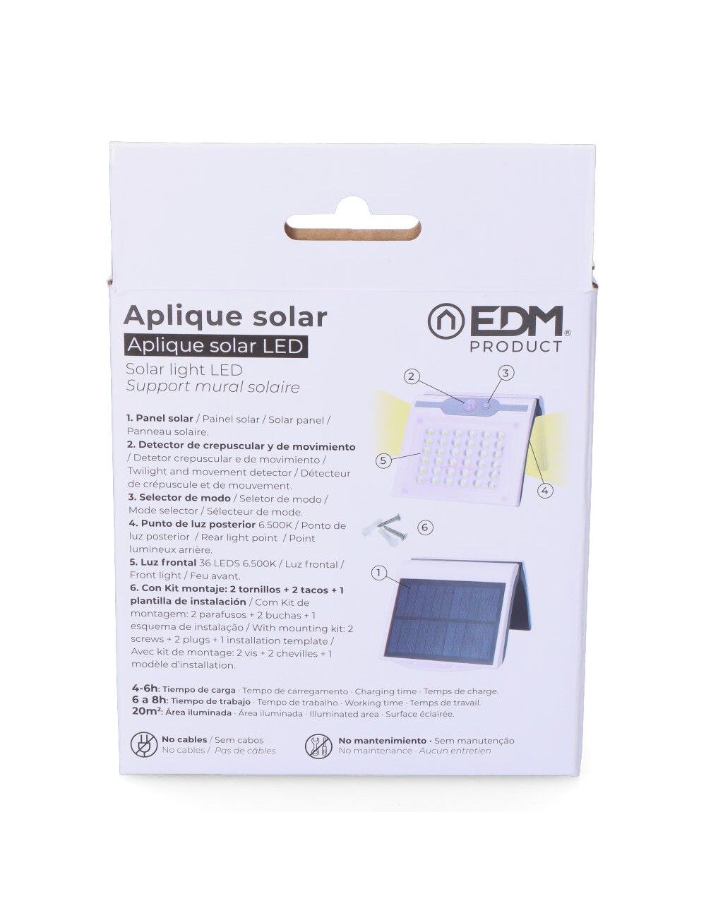 Aplique solar 2w 220lm 6.500k con sensor color blanco edm