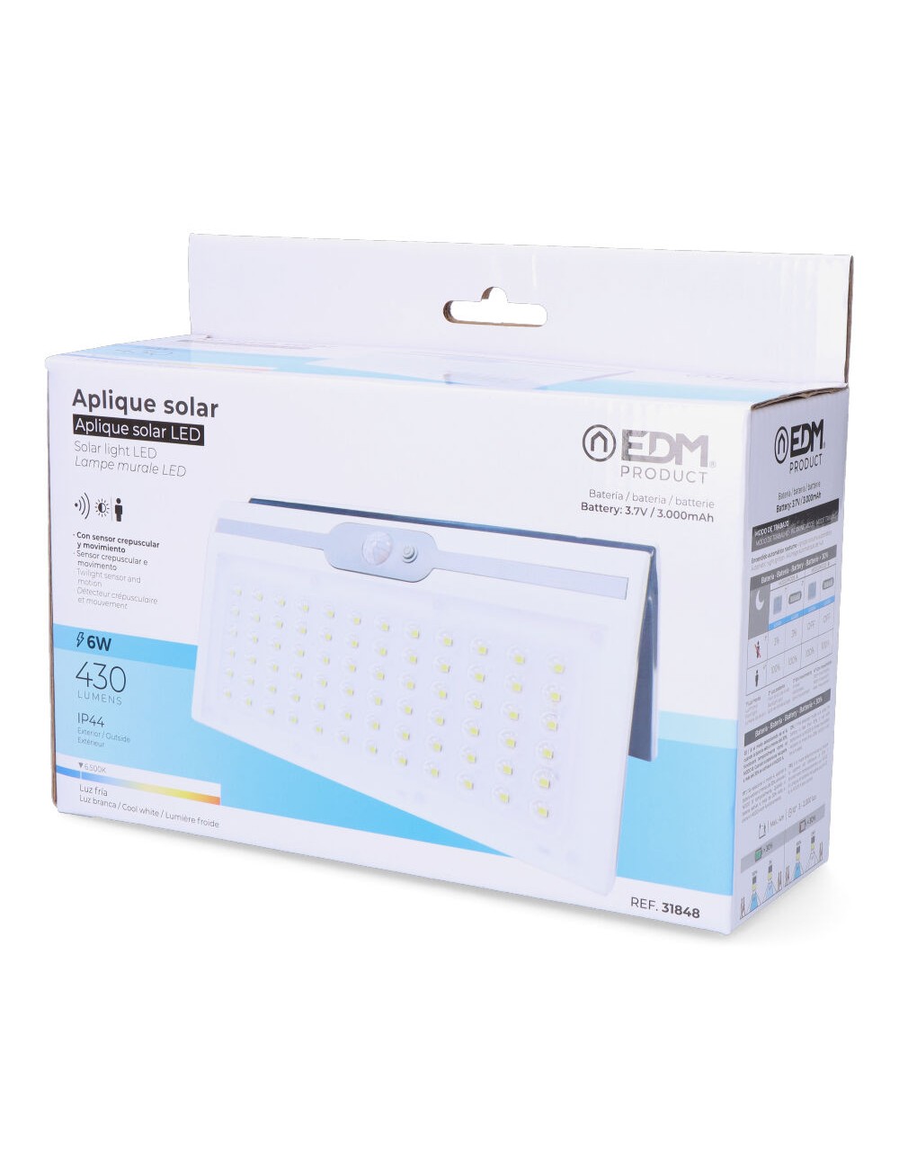 Aplique solar 6w 430lm 6.500k con sensor, color blanco