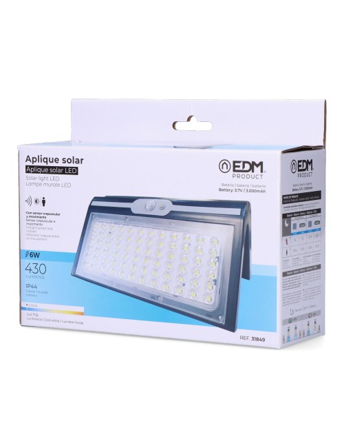 Aplique solar 6w 430lm 6.500k con sensor, color negro