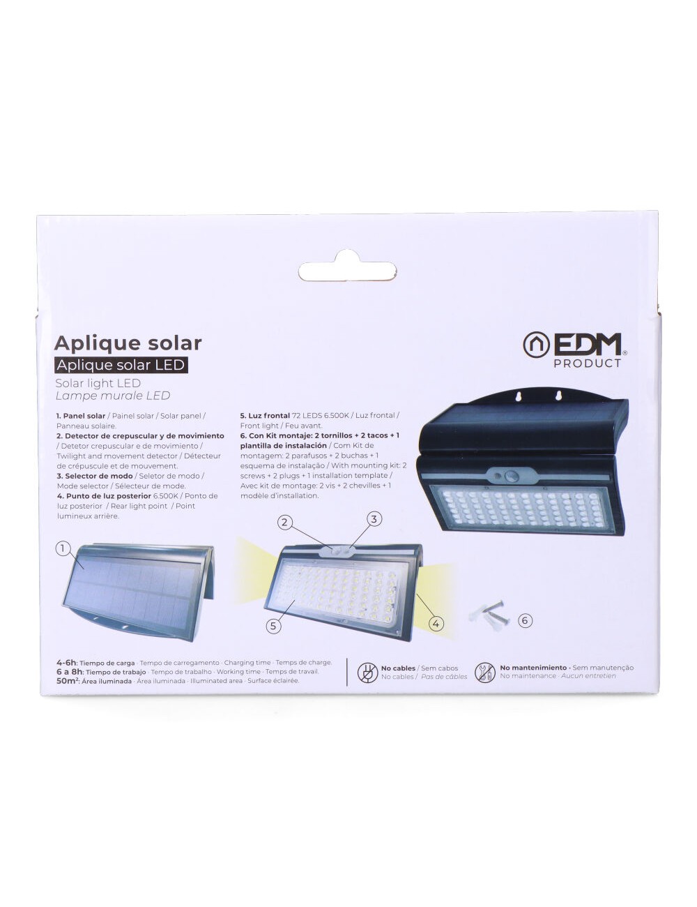 Aplique solar 6w 430lm 6.500k con sensor, color negro