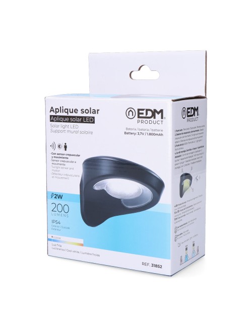 Aplique solar 2w 200lm 6500k con sensor color negro edm