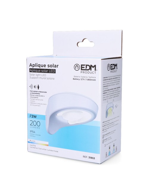 Aplique solar 2w 200lm 6500k con sensor color blanco edm