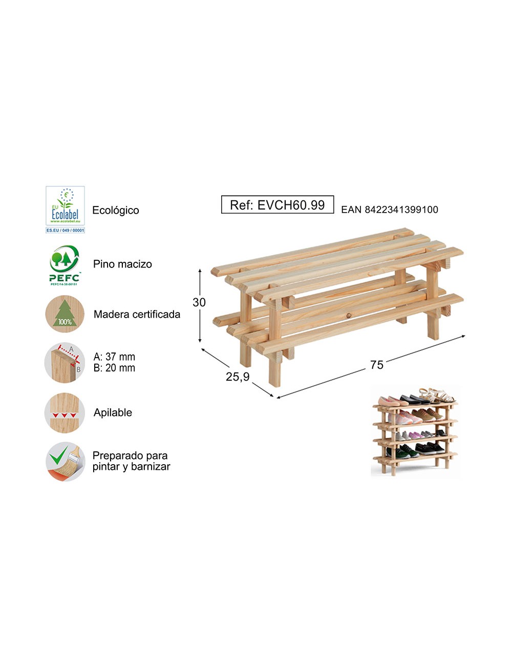 Zapatero de pino apilable evolution astigarraga