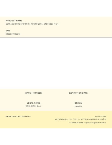 Cerradura de embutir 1 punto 2501-145an311 mcm