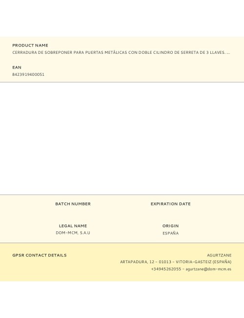 Cerradura de sobreponer para puertas metálicas con doble cilindro de serreta de 3 llaves. 1511av mcm