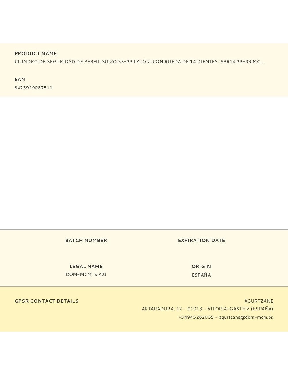 Cilindro de seguridad de perfil suizo 33-33 latón, con rueda de 14 dientes. spr14:33-33 mcm