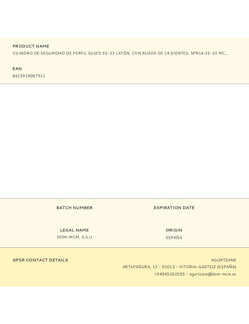 Cilindro de seguridad de perfil suizo 33-33 latón, con rueda de 14 dientes. spr14:33-33 mcm