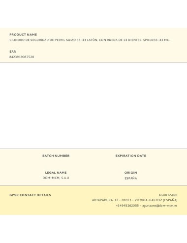 Cilindro de seguridad de perfil suizo 33-43 latón, con rueda de 14 dientes. spr14:33-43 mcm