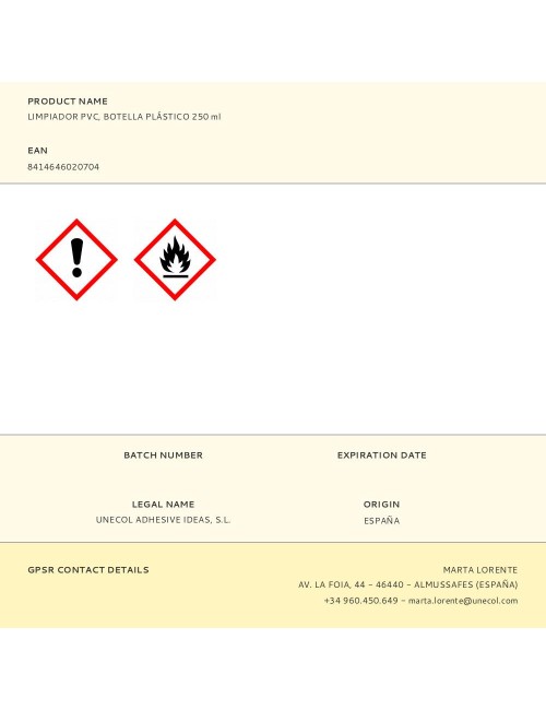 Limpiador pvc, botella plástico 250 ml