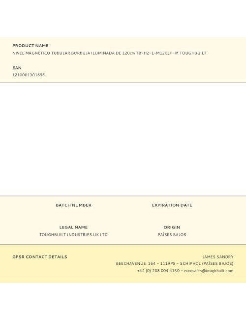 Nivel magnético tubular burbuja iluminada de 120cm tb-h2-l-m120lh-m toughbuilt