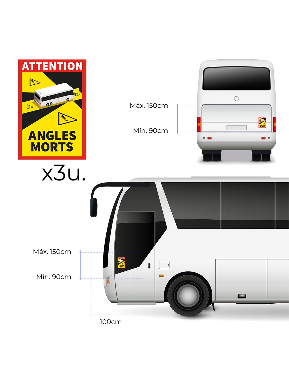 Pack 3 adhesivos "angles morts" autocar 17 x 25 cm