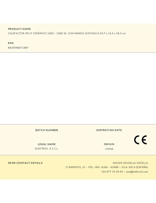 Calefactor split cerámico 1000 - 2000 w, con mando distancia 55,7 x 14,4 x 18,5 cm
