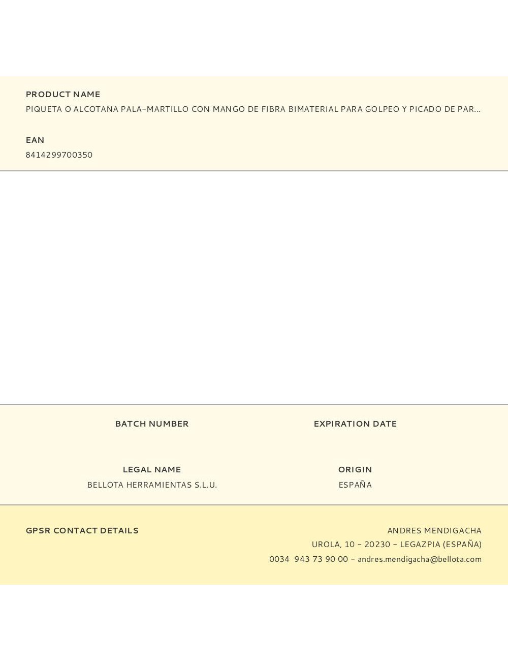 Piqueta o alcotana pala-martillo con mango de fibra bimaterial para golpeo y picado de paredes. medidas: 203x330x47,5mm viat ...