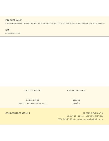 Paletín soldado hoja de olivo, de chapa de acero tratada con mango bimaterial ergonómico para una mayor comodidad. medidas:  ...