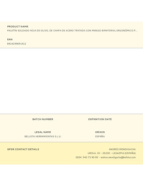 Paletín soldado hoja de olivo, de chapa de acero tratada con mango bimaterial ergonómico para una mayor comodidad. medidas:  ...