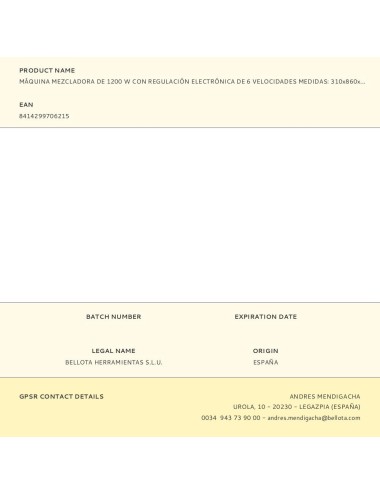 Máquina mezcladora de 1200 w con regulación electrónica de 6 velocidades medidas: 310x860x200mm viatm1200w viat