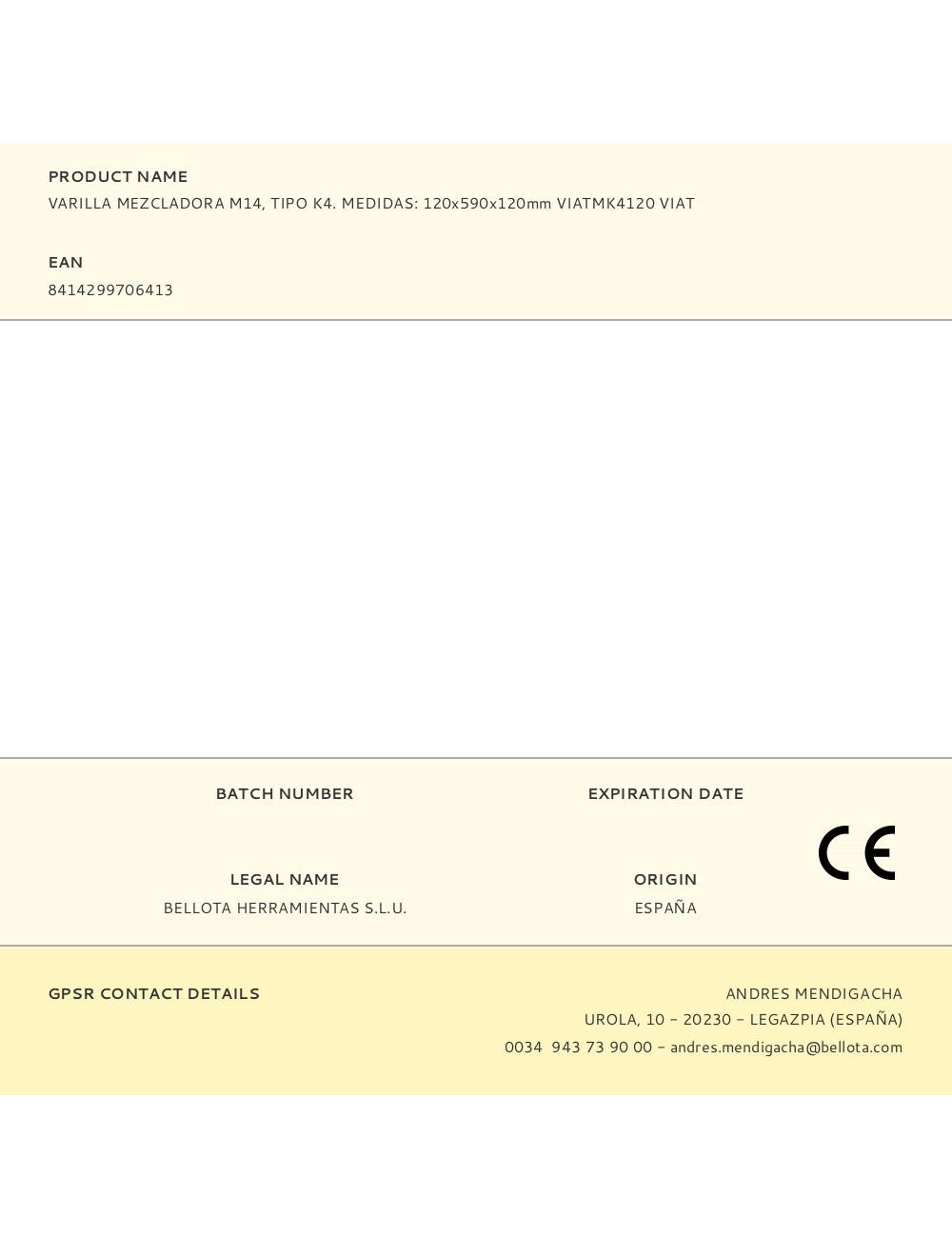 Varilla mezcladora m14, tipo k4. medidas: 120x590x120mm viatmk4120 viat