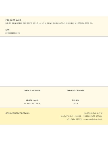 Bidón con doble depósito de 3,5 l + 1,5 l con 2 boquillas: 1 flexible y 1 rígida 7030 di martino