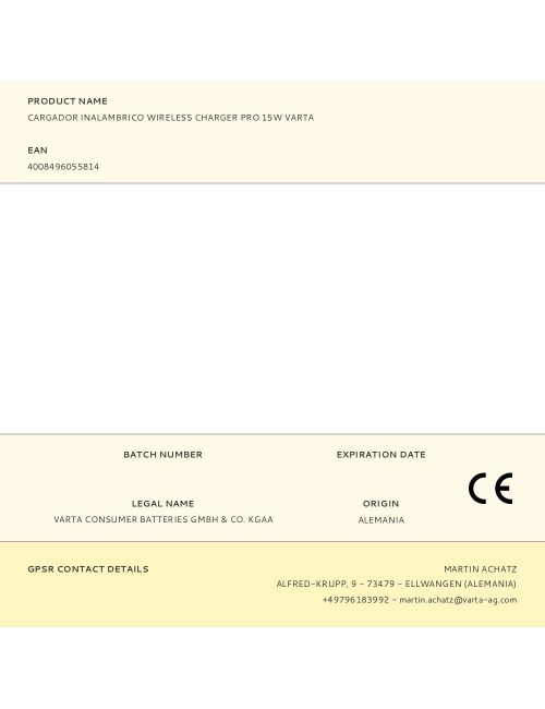 Cargador inalambrico wireless charger pro 15w varta