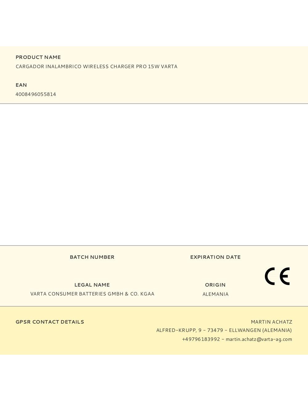 Cargador inalambrico wireless charger pro 15w varta