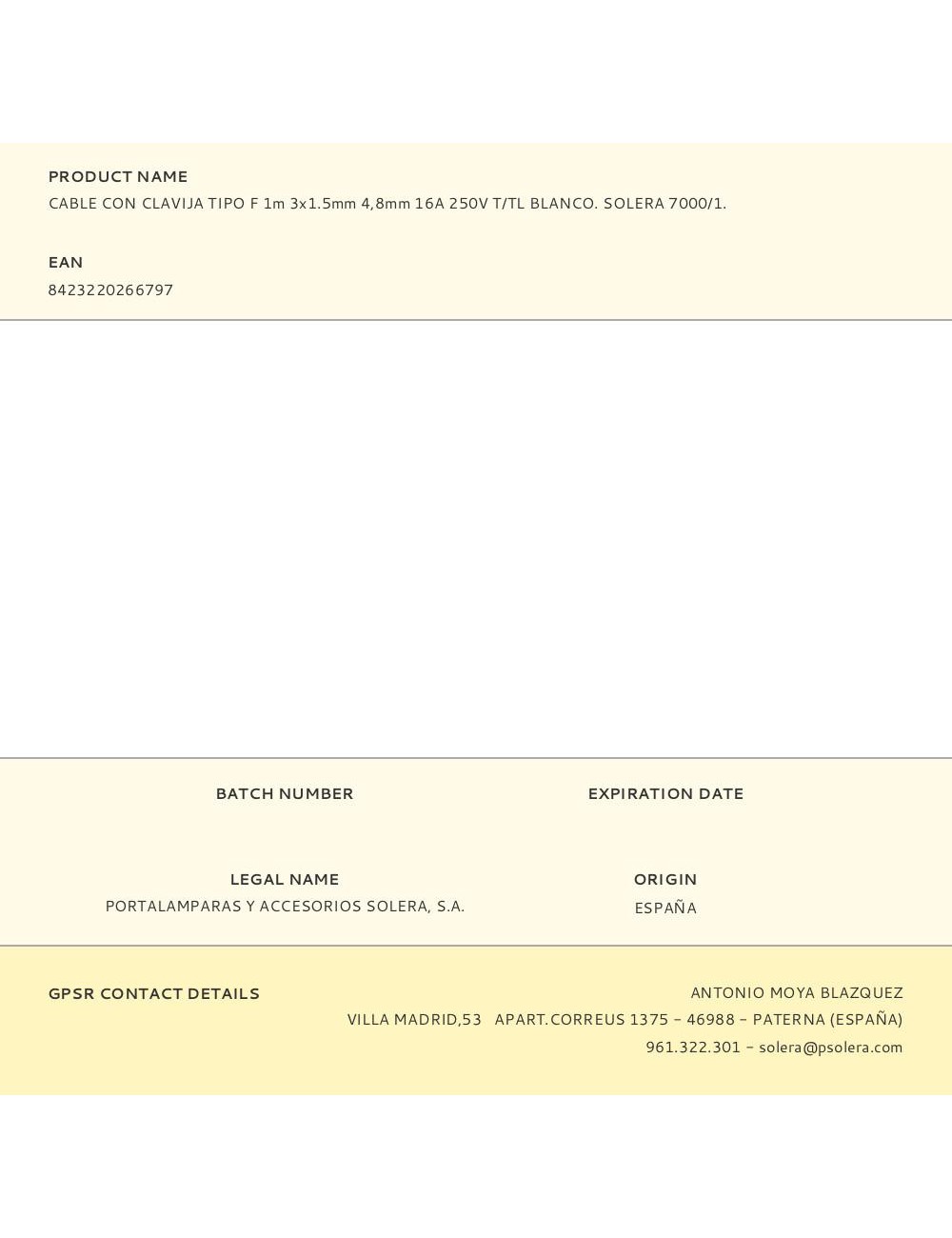 Cable con clavija tipo f 1m 3x1.5mm 4,8mm 16a 250v t/tl blanco. solera 7000/1.