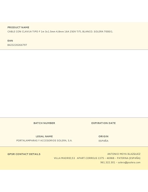 Cable con clavija tipo f 1m 3x1.5mm 4,8mm 16a 250v t/tl blanco. solera 7000/1.
