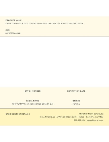 Cable con clavija tipo f 5m 3x1,5mm 4,8mm 16a 250v t/tl blanco. solera 7000/5.