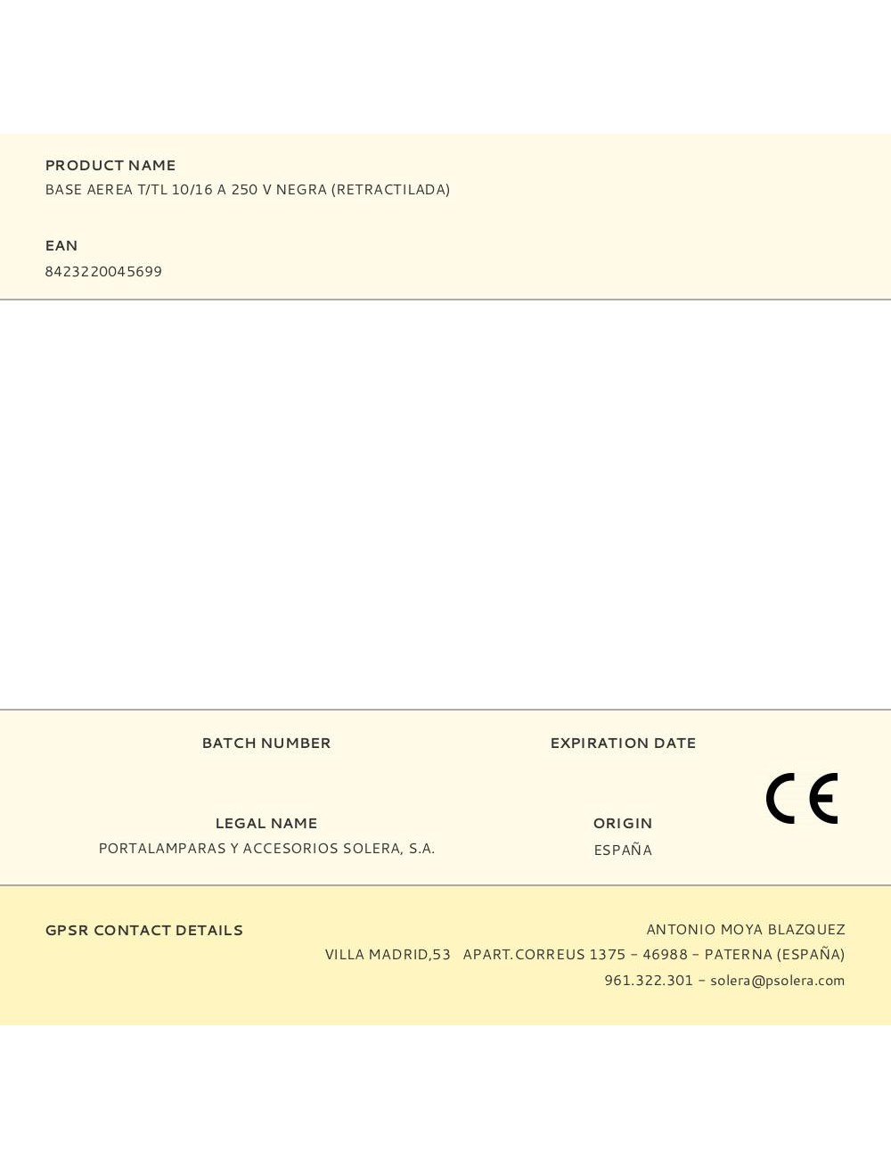 Base aerea t/tl 10/16 a 250 v negra (retractilada)