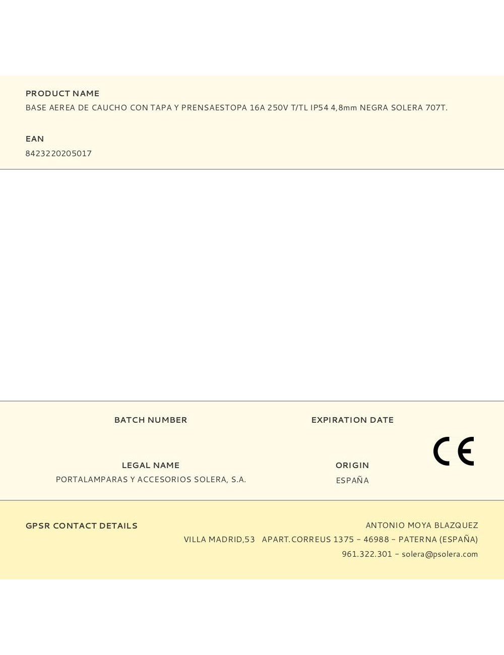Base aerea de caucho con tapa y prensaestopa 16a 250v t/tl ip54 4,8mm negra solera 707t.