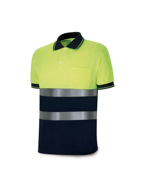 Polo amarillo fluorescente / azul marino, manga corta de alta visibilidad, l