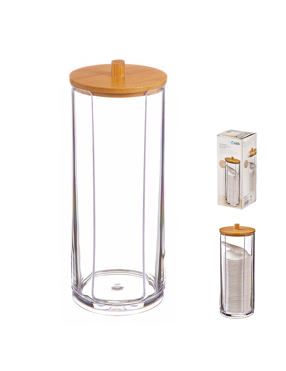 Dispensador para discos de algodon con tapa de bambu ø7,3 cm