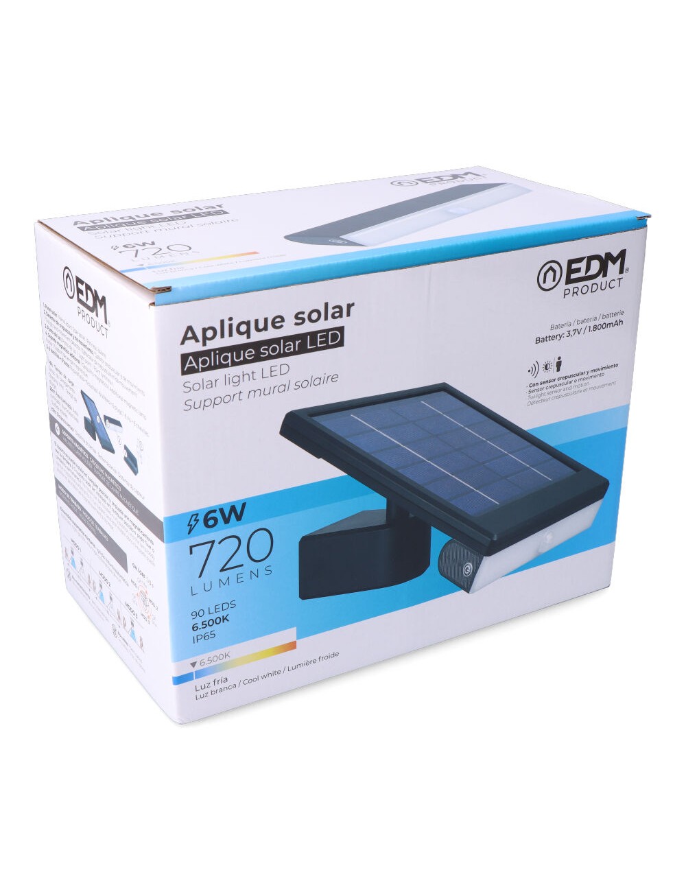 Aplique solar led 6w 720lm 6.500k con sensor crepuscular y movimiento. punto de luz extraíble. color negro edm