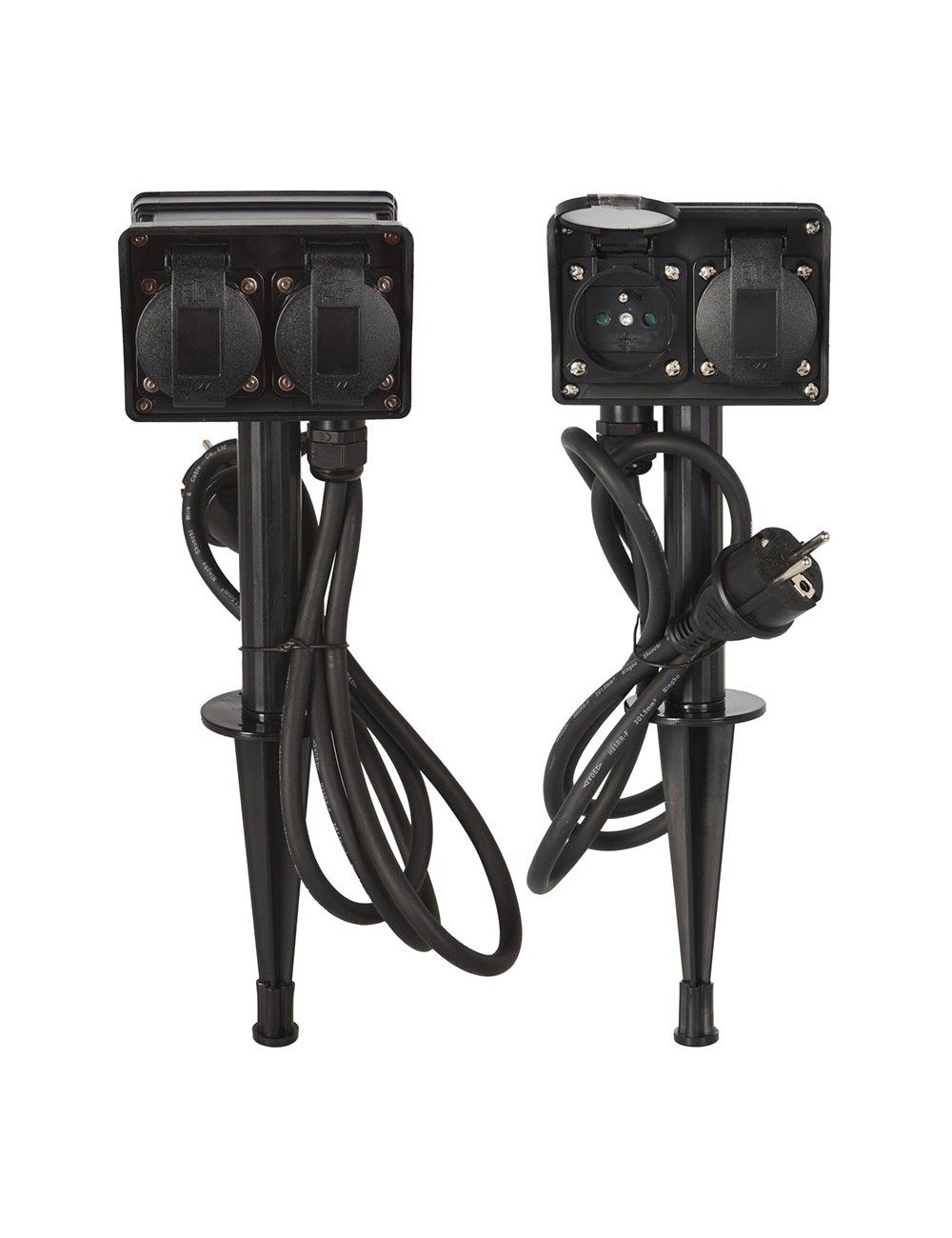 Base múltiple, 2 uds, 2 tomas schuko estaca jardin, con tapas, ip44 negra