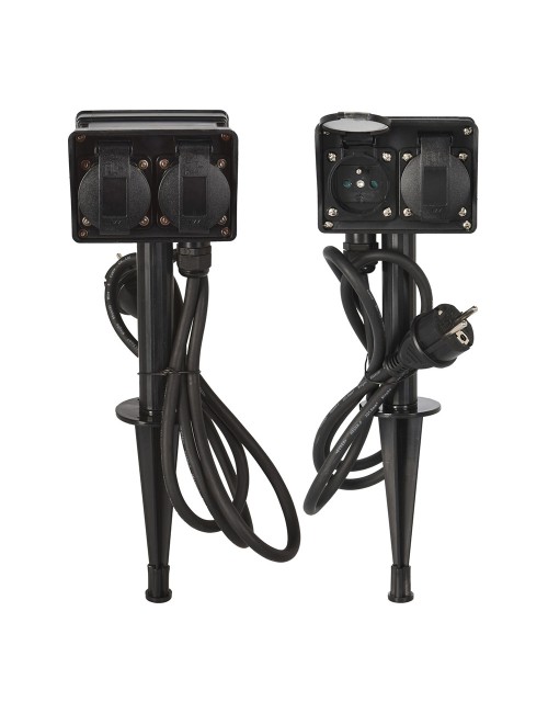 Base múltiple, 2 uds, 2 tomas schuko estaca jardin, con tapas, ip44 negra