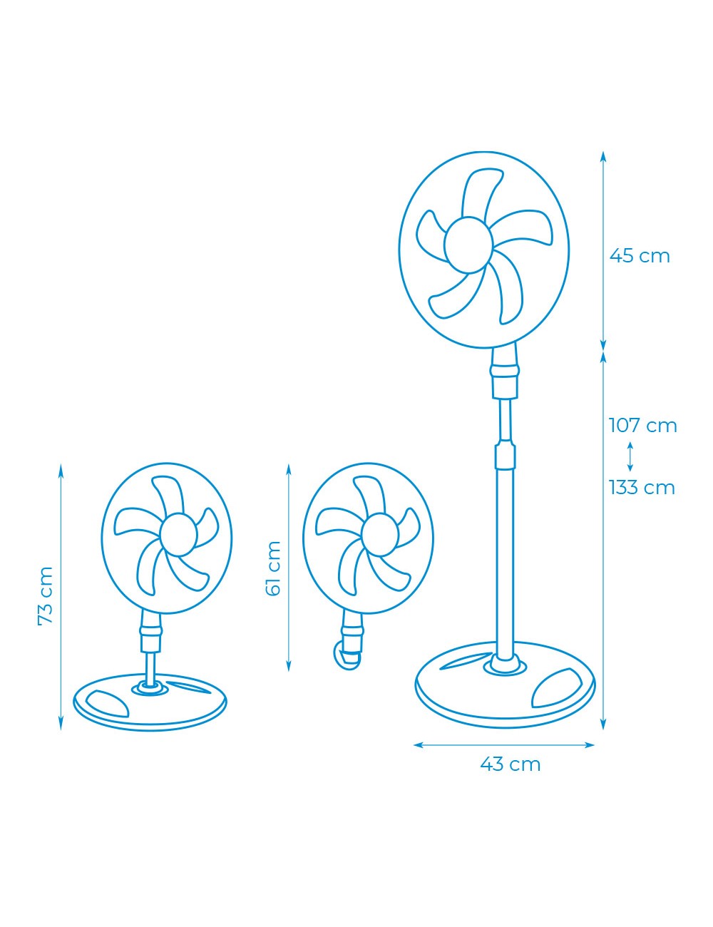 Ventilador 3 en 1, blanco, potencia 45w, aspas ø40 cm, altura regulable 107-133 cm