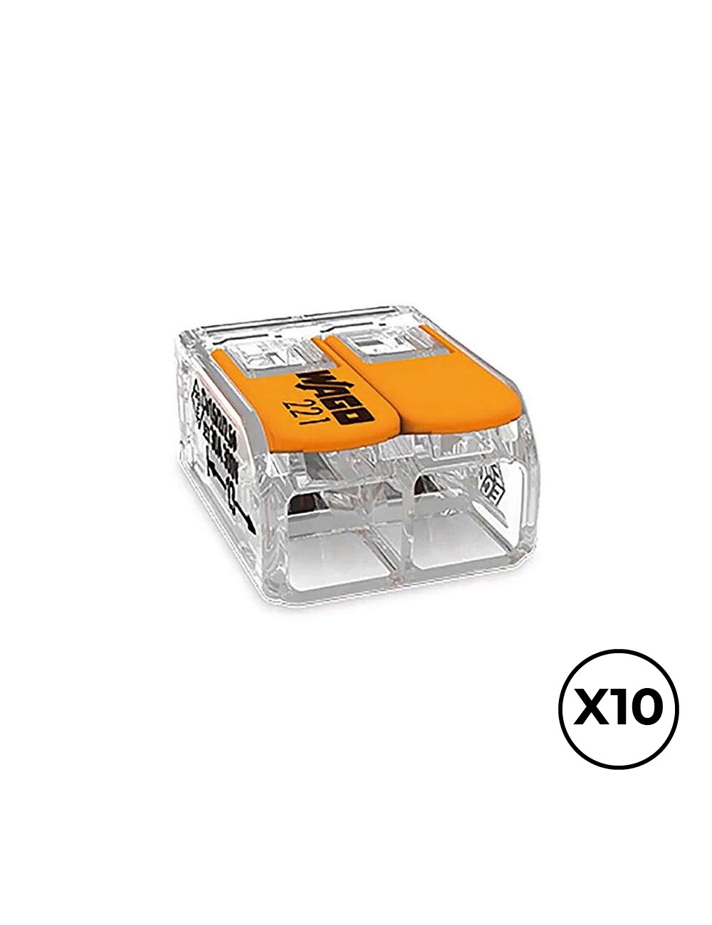 Conector rápido con palanca 2 vias, ø maximo 6 mm², 450 v , 41 a transparente 16 x 21,1 x 10,1 mm, 10 uds