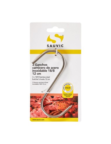 Ganchos carnicero inoxidable 18/8, 12 cm de longitud, blister 3 unidades