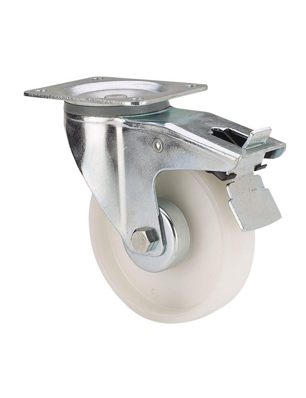 Rueda giratoria de poliamix con placa, eje liso y freno, color blanco, carga máx.170 kg, ø 12,5 cm Rueda giratoria de poliamix con placa, eje liso y freno, color blanco, carga máx.170 kg, ø 12,5 cm