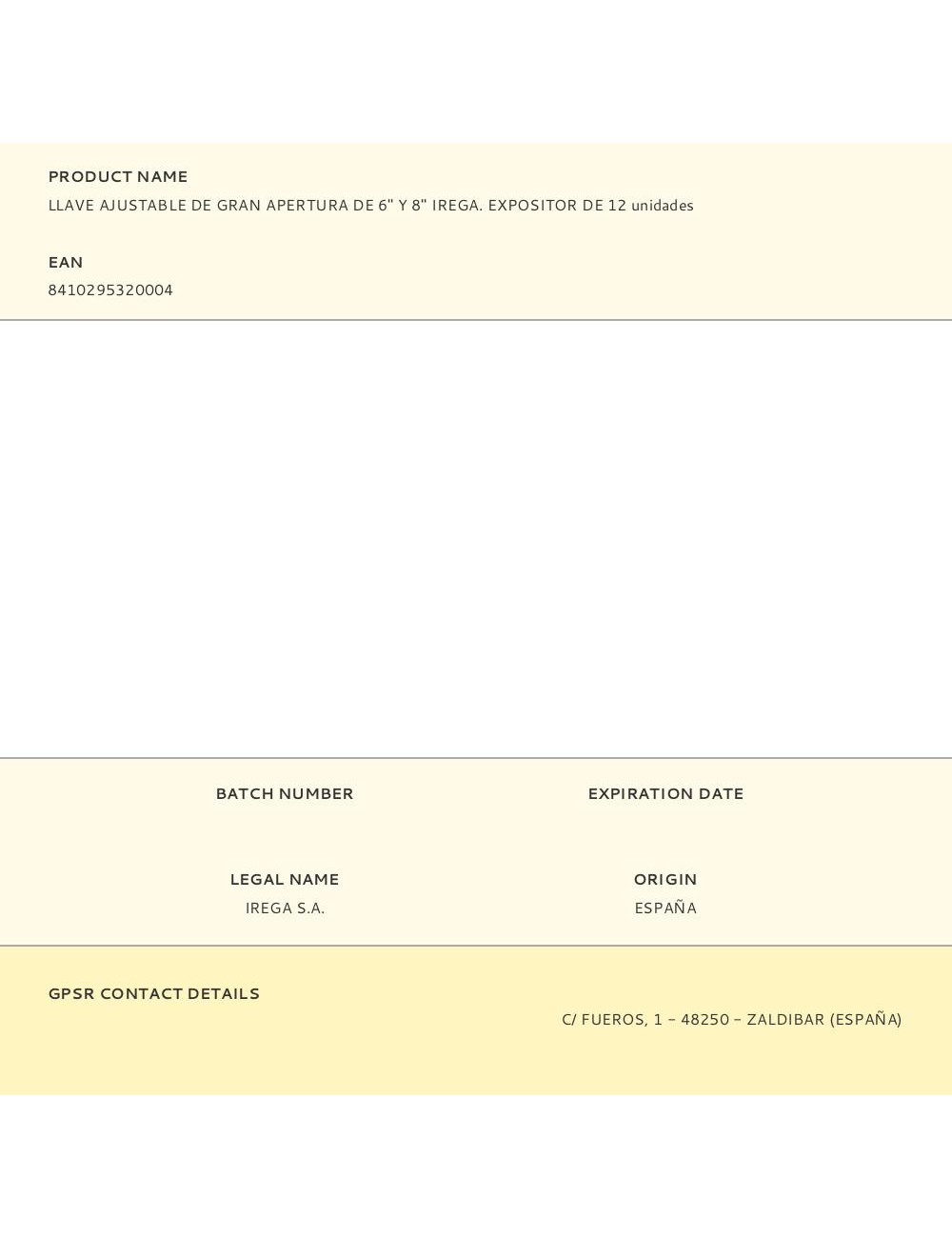 Llave ajustable de gran apertura de 6" y 8" irega. expositor de 12 unidades