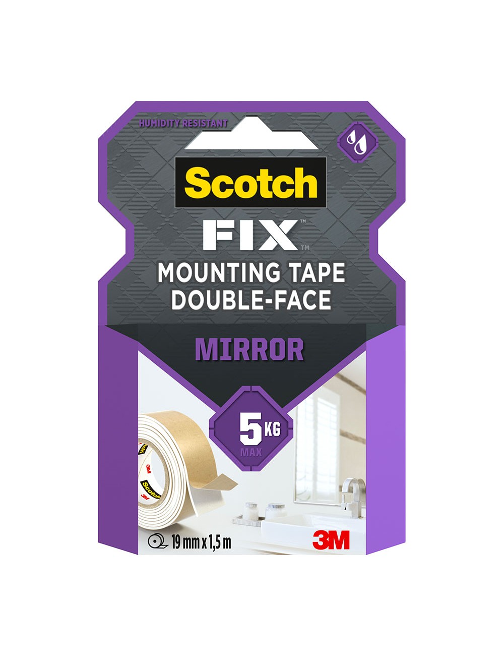 Cinta doble cara montaje espejos, 19mmx1,5m, máx 5 kg Cinta doble cara montaje espejos, 19mmx1,5m, máx 5 kg