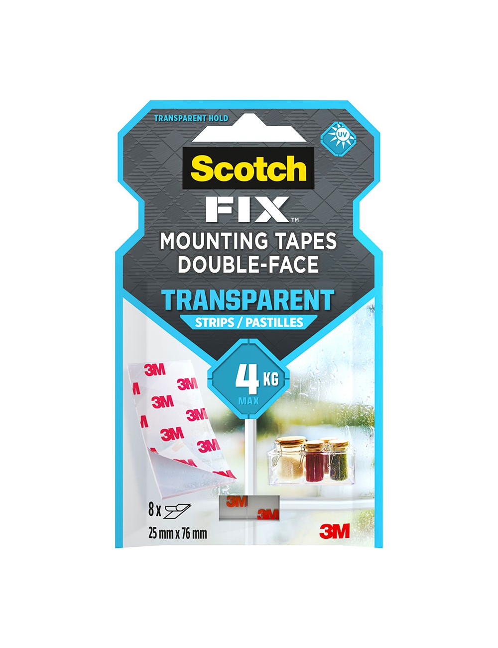 Tira adhesiva doble cara, transparente, 25mmx76mm, 8 uds, max 4 kg Tira adhesiva doble cara, transparente, 25mmx76mm, 8 uds, max 4 kg