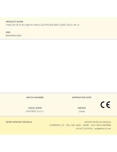 Tubo led t8 12 w 1.940 lm 6.500 k luz fría (eq.30w) clase c ø2,6 x 90 cm